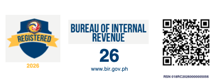 Registered with the Bureau of Internal Revenue (BIR), 2026, with a QR code to verify the registration. RSN 018RC20260000005056