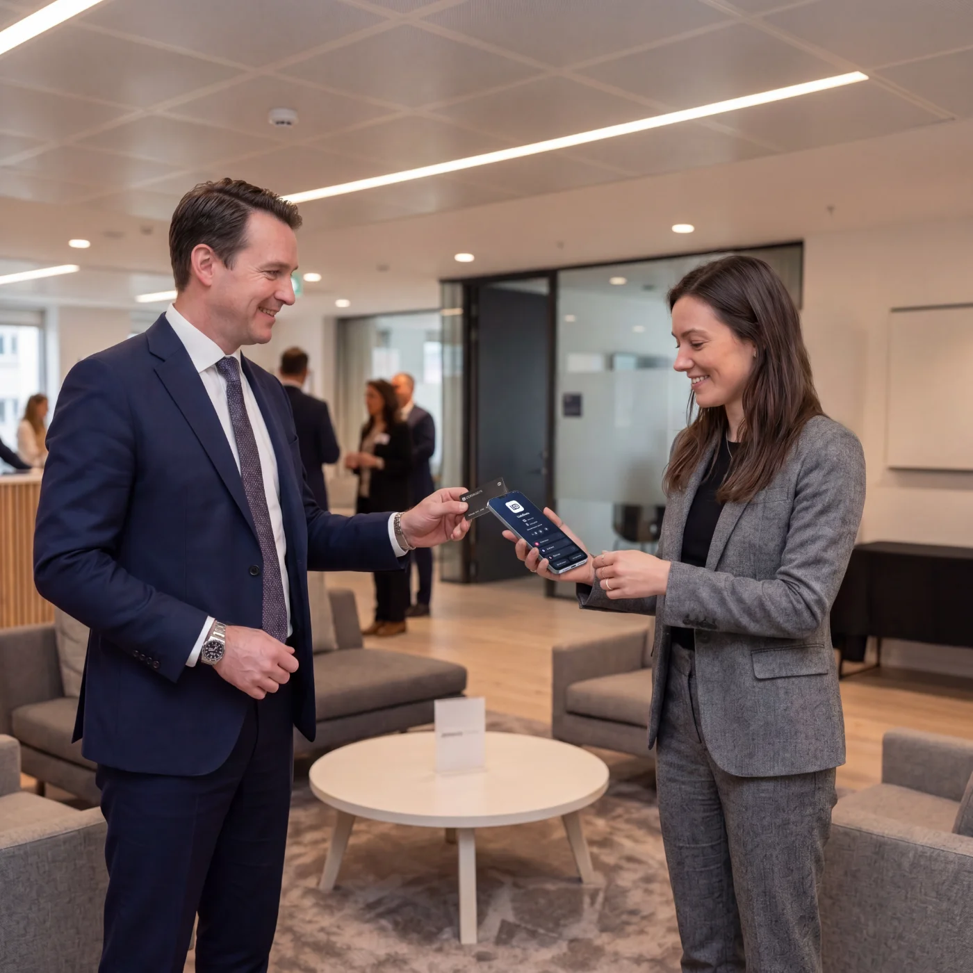 Two professionals exchanging a LinkDeets card at a conference