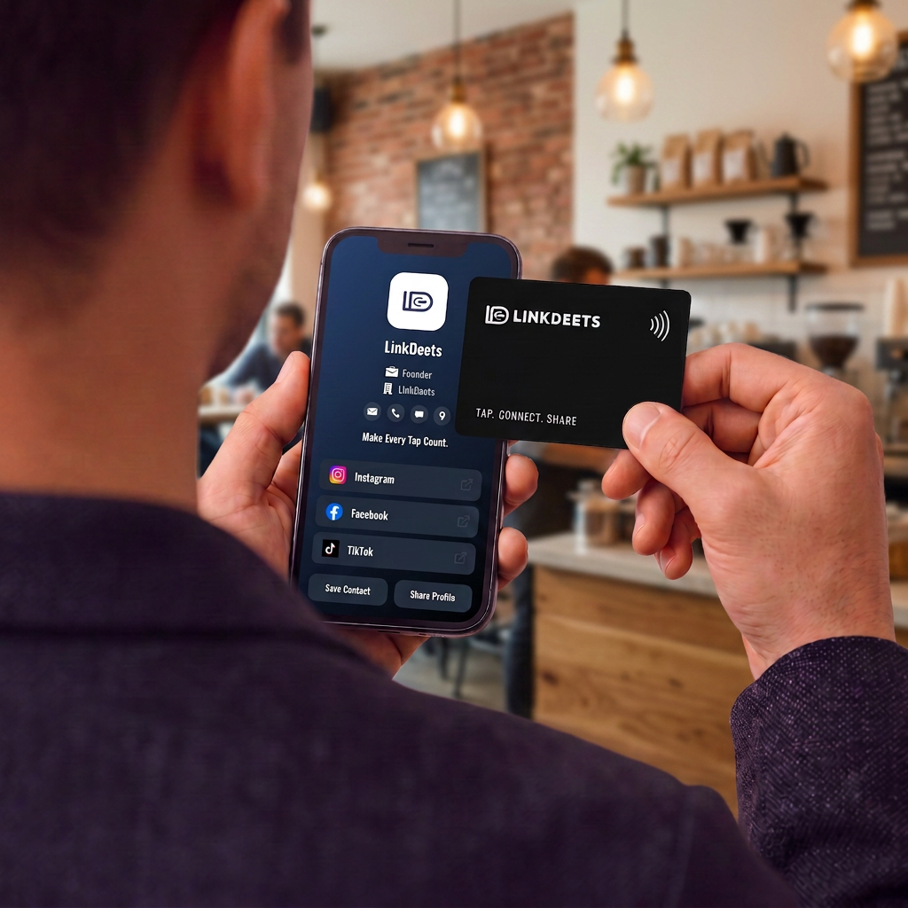 A LinkDeets card held beside a phone showing an up-to-date digital profile, in a café
